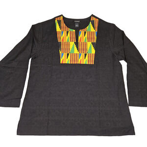 ASHRO Womens L Embroidered Cotton Tunic Colorful Tribal Pattern Casual Church